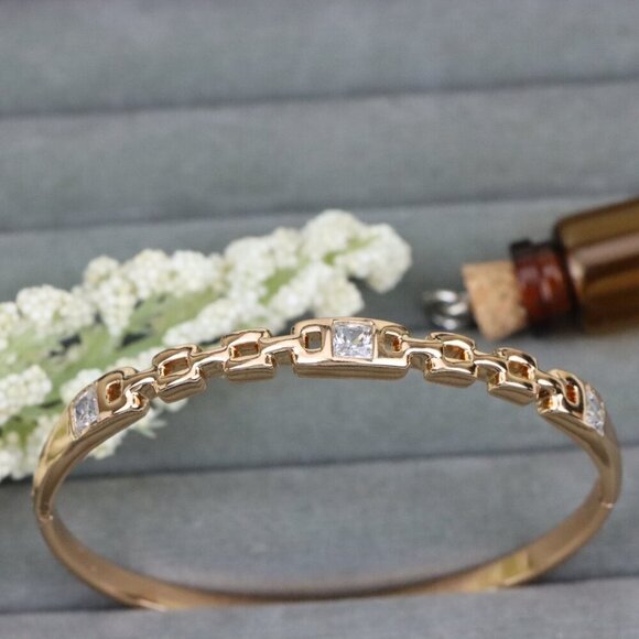 Elegant Rose Gold Bangle with Geometric Charm and Crystal Accents, XPBL0474 - Picture 9 of 12